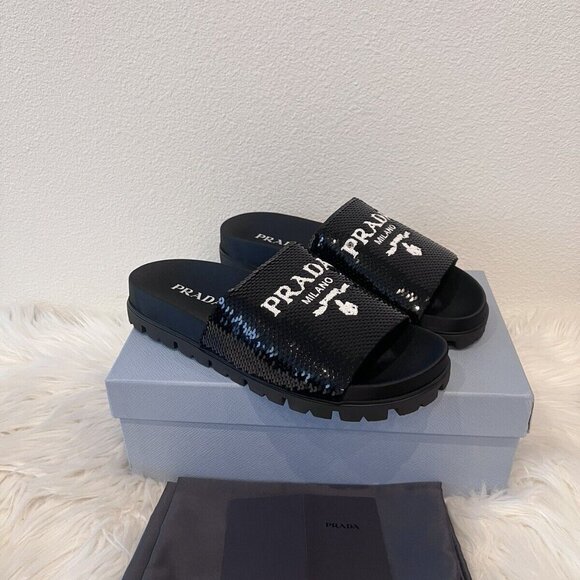 Prada Sequin Logo Paillettes Slide Monolith Plaque Lug Pool Flat 40 - Picture 6 of 10
